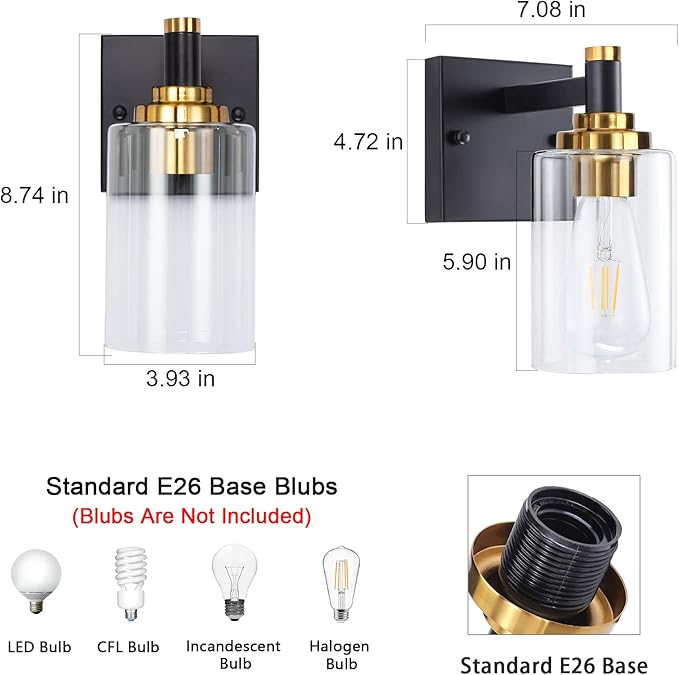 Black and Gold Wall Sconces Set of Two Bathroom Light Fixtures Brass Sconces Wall Lighting Modern Wall Light Fixtures with Glass Shade Rustic Wall Lamps for Bedroom Hallway Kitchen Living Room
