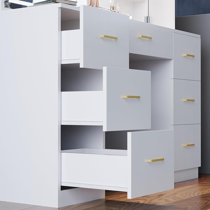 Vanity Desk with Mirror and Lights, Large Storage Makeup Vanity with 7 Drawers, White Vanity Desk Table with Side Glass Cabinet, Adjustable Brightness Vanity Set with Stool for Dressing Room