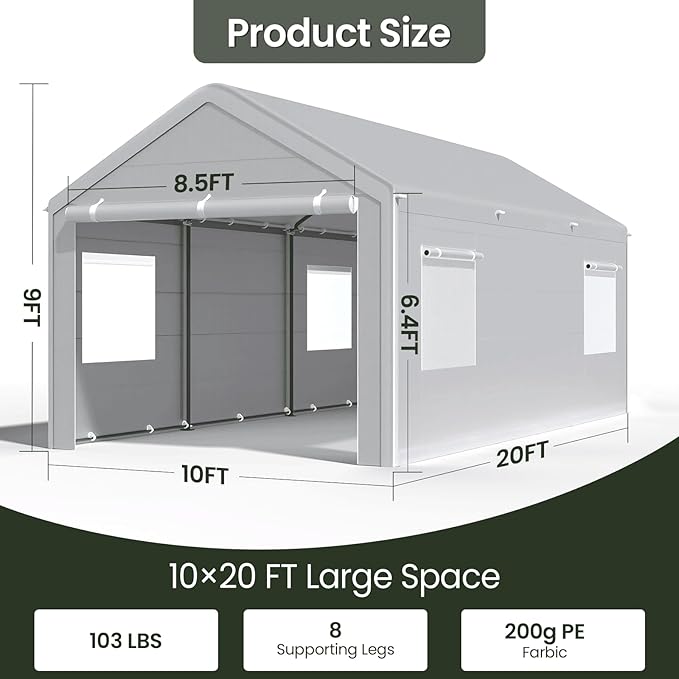 Carport 10x20 Ft, Heavy Duty Car Canopy with Reinforced Ground Bar, Portable Garage with Roll-up Windows and Removable Sidewalls, Galvanized Car Shelter, Large Outdoor Carports (Grey)