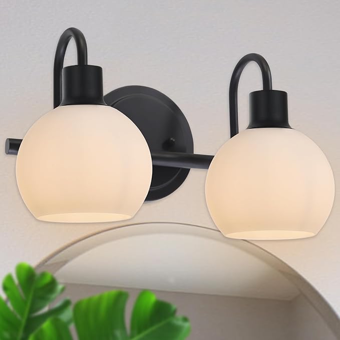 2-Light Black Bathroom Light Fixture, Milk White Globe Wall Sconce Lamp for Hallway Bedroom Foyer Cabinets, Modern Vanity Lights E26 Socket