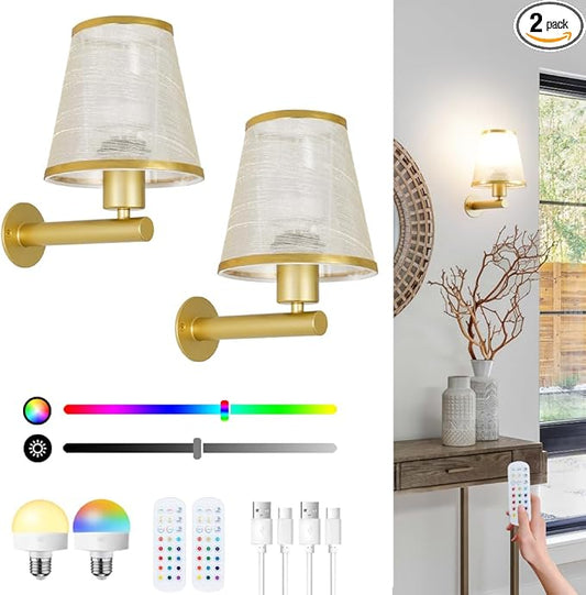 Battery Operated Wall Sconce Set of 2, Gold Rechargeable Wall Lights with Real 2500mAh Dimmable Retachable Bulbs and Remote,12RGB Colors Wireless Battery Sconces for Bedroom Living Room Hallway