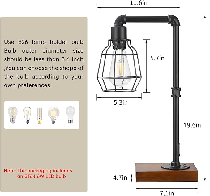 CONCA Industrial Steampunk Table Lamp, Edison Bulb, Metal, A-Black, 19.6x11.7x5.35 inches, 3 lbs, E26 Base, 800 Lumen, 120V