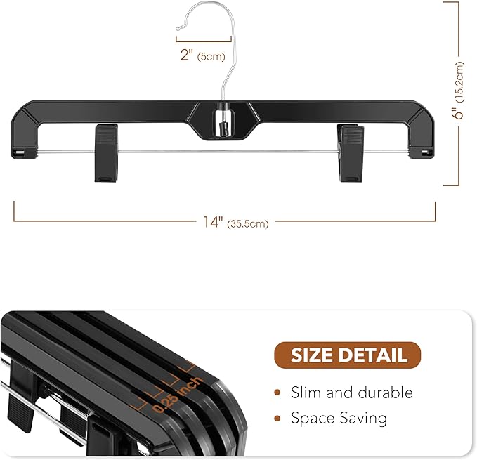 HOUSE DAY Black Pants Hangers with Clips 12 Pack, Plastic Skirt Hangers for Women, 14 Inch Clip Hanger for Pants, Skirts, Jeans, Shorts, Legging, with 360-degree Swivel Hook, 2 Adjustable Clips