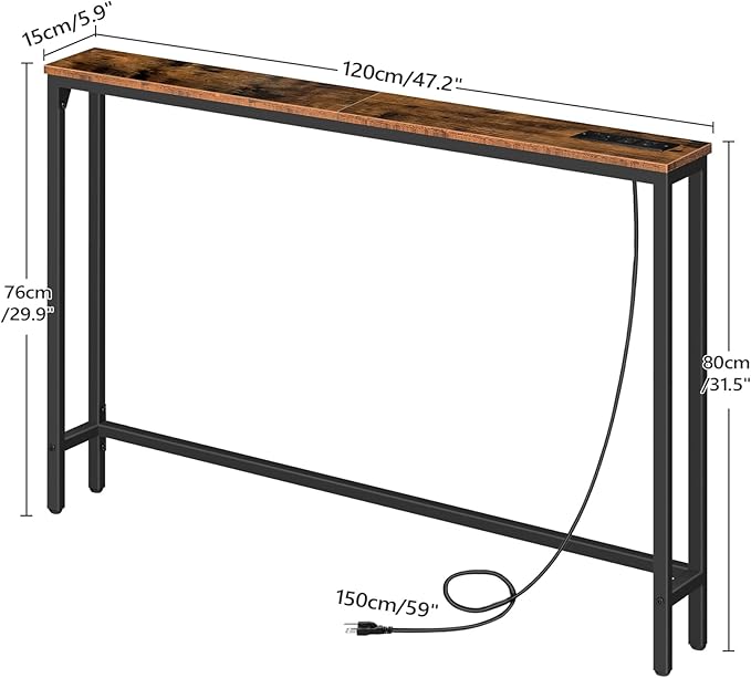 HOOBRO 47.2" Narrow Console Table with Power Outlets, 5.9" Behind Couch Table with Charging Station, Long Sofa Table, Skinny Entryway Table for Living Room, Hallway, Foyer, Rustic Brown BF15XG01G1