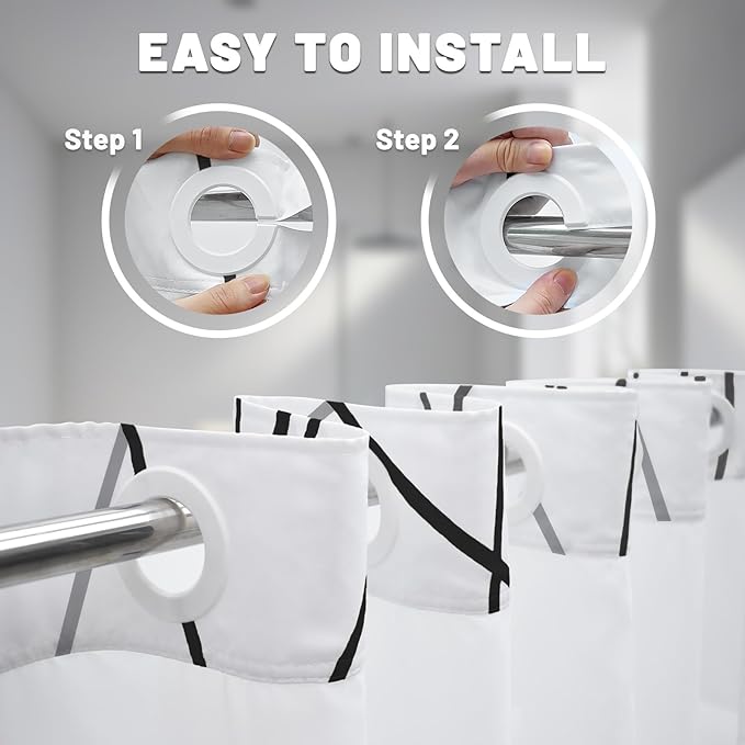 No Hook Black and White Striped Shower Curtain with Snap in Liner Set - Hotel Shower Curtain and Liner Set with See Through Mesh Top Window,Machine Washable, 71x74 INCH