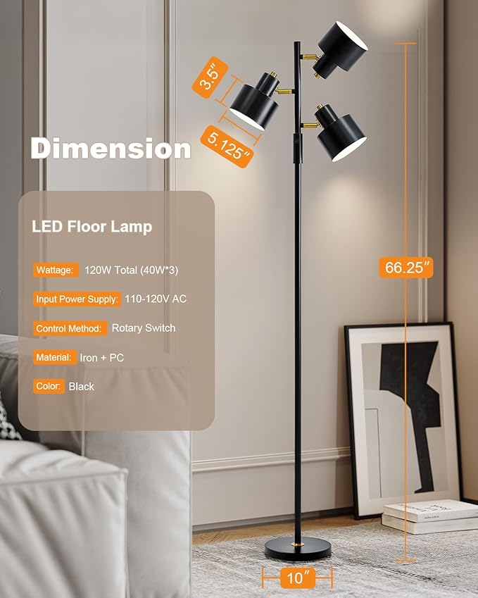 OYEARS Floor Lamp for Living Room Bright Lighting Tall Modern Industrial Vintage Standing Corner Lamps LED Metal Light Office Bedroom Study Gold Black Cream Matte Accent (3-Light, Black)