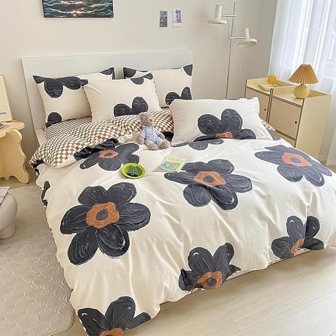 CLOTHKNOW Black Floral King Size Comforter Set Sunflower Bedding Comforter Sets Pumpkin Grid Comforter Boho Comforter with 2 x Pillow Cases