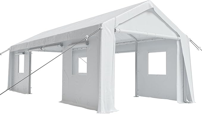 10x20ft Heavy Duty Carport Outdoor Canopy Portable Garage with 4 Doors & 4 Windows Waterproof UV Resistant Storage Shelter with Removable Sidewalls for Car Truck Boat, White