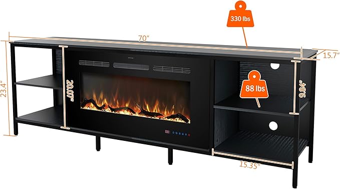 Fireplace TV Stand with 36" Electric Fireplace, 70" Industrial Entertainment Center with Metal Frame, Media TV Cabinet for TVs Up to 80", 750W/1500W, Thermostat, 13 Flame Colors, Black