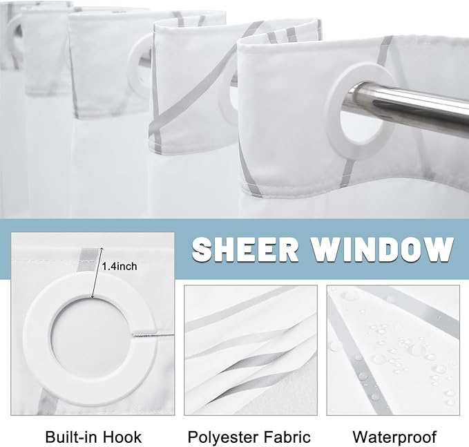 No Hook Ombre Grey White Striped Shower Curtain with Snap in Liner Set - Hotel Shower Curtain and Liner Set with See Through Mesh Top Window,Machine Washable, 71x74 INCH
