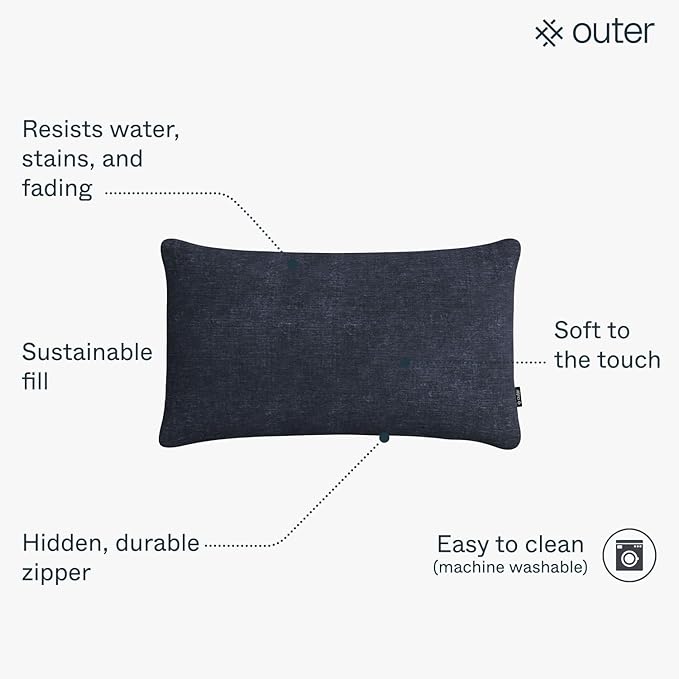 Outer Outdoor Throw Pillow with OuterWeave Performance Fabric, Decorative Outdoor Pillow for Patio & Outdoor Furniture, Includes Machine Washable Pillow Cover and Insert - Deep Sea Navy, 12"x20"