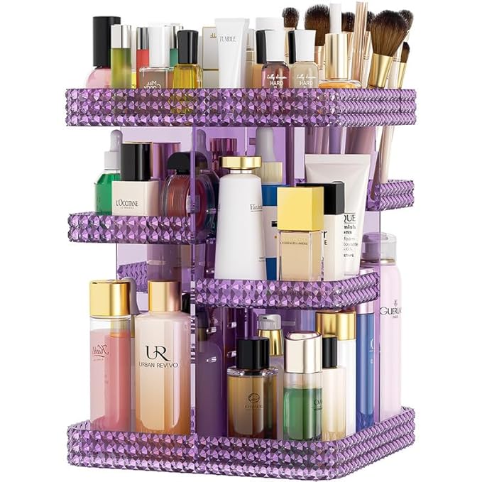Makeup Perfume Organizer - 360 Rotating Acrylic Cosmetic Storage Make Up Organizer with Lazy Susan for Vanity & Dresser Countertop (Purple)