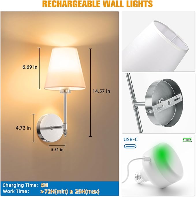 NIORSUN 14.5 inch Battery Operated Wall Sconce Set of 2,Brushed Nickel Rechargeable Wall Lights with 5200mAh Dimmable Bulbs and Remote,9 Colors Wireless Sconces for Bedroom Living Room Decor