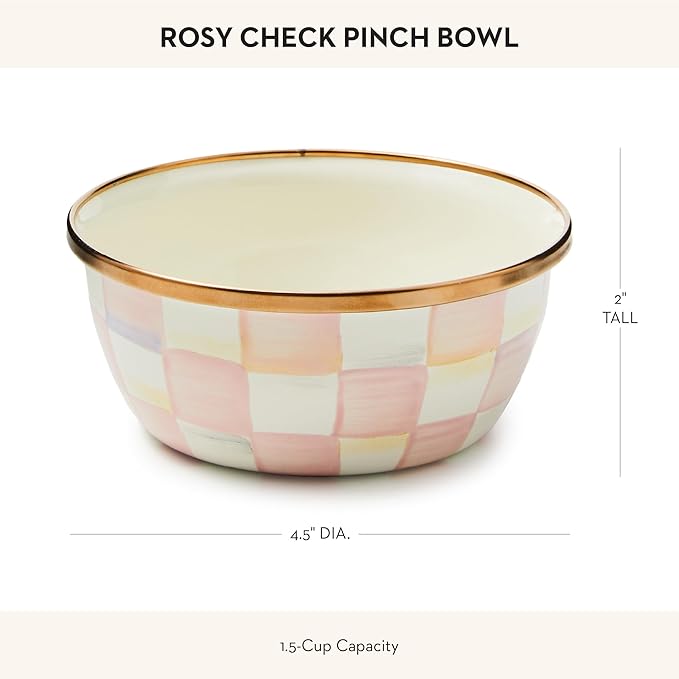 MACKENZIE-CHILDS Enamel Pinch Bowl, Small Bowl for Kitchen Ingredients, 1.5-Cup Capacity, Pink-and-White Rosy Check