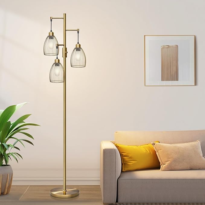 Dimmable Floor Lamp, 3 x 800LM LED Edison Bulbs Included, Farmhouse Industrial Floor Lamp Standing Tree Lamp with Elegant Teardrop Cage Tall Lamps for Living Room Bedroom Office Dining Room-Brass