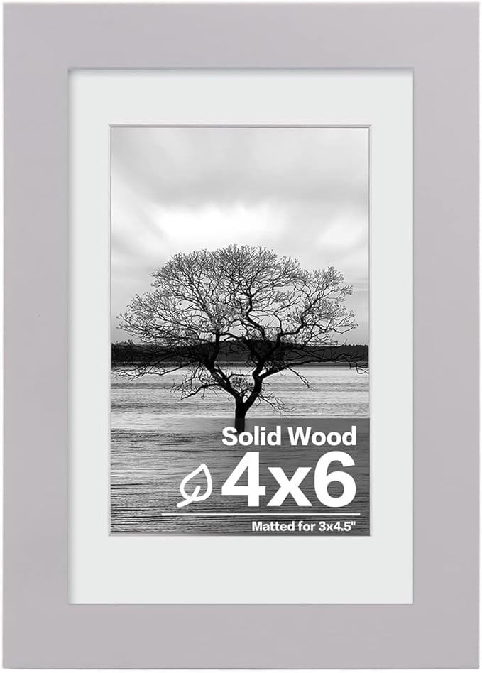 Egofine 4x6 Picture Frame Made of Solid Wood with Plexiglass, Display Pictures 3.5x5 with Mat or 4x6 Without Mat, for Tabletop and Wall Mounting Photo Frame, Light Grey