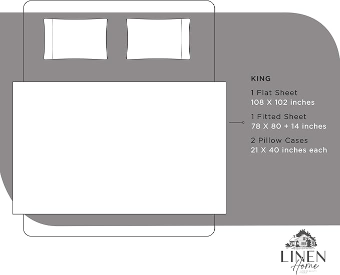 Linen Home 100% Cotton Percale Sheets King Size, Charcoal, Deep Pocket, 4 Pieces Set - 1 Flat, 1 Deep Pocket Fitted Sheet and 2 Pillowcases, Crisp Cool and Strong Bed Linen