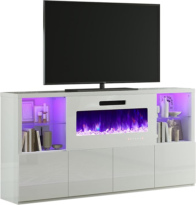 68" Modern Fireplace TV Stand for TVs up to 75", High Gloss Entertainment Center with 40" Fireplace, 4 Shelves & Storage Cabinets, Media Console Table, All Gloss White