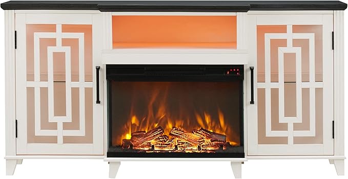 JXQTLINGMU Fireplace TV Stand for 75" TV, 32" Tall Farmhouse Entertainment Center with 26'' Electric Fireplace & LED Light, Rustic Media Console with 2 Large Storage Cabinets for Living Room, White