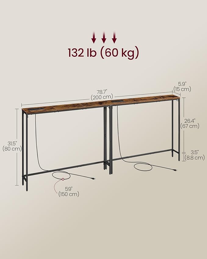 VASAGLE Set of 2 Console Tables with Power Outlets, Slim Behind Couch Sofa Tables, 5.9 x 39.4 x 31.5 Inches, 2 Hooks, Easy Assembly, for Entryway, Living Room, Rustic Brown and Ink Black ULNT078K01