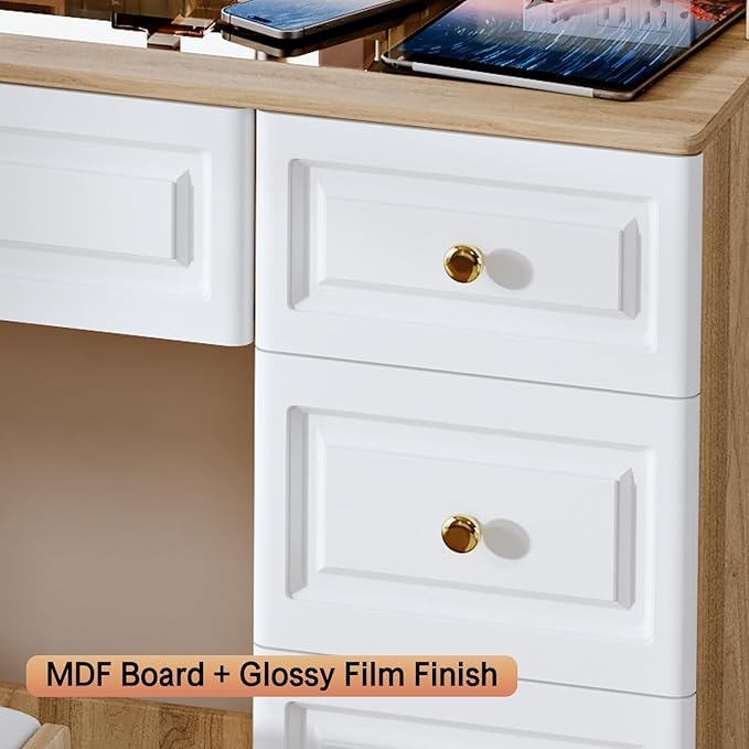 43" Makeup Vanity Desk with Mirror and Lights, & Power Outl, Glass Top Big Vanity Table with 9 Drawers& 8 Storage Shelves, Dressing Table Set with Chair for Bedroom, White+Oak