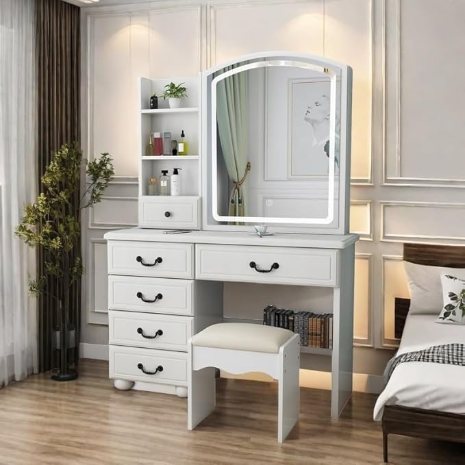 Elegant Vanity Desk with Lighted Mirror, 6 Drawer White Dressing Table Set for Bedroom, Features Adjustable 3-Color LED Lights, Perfect Makeup Vanity with Storage
