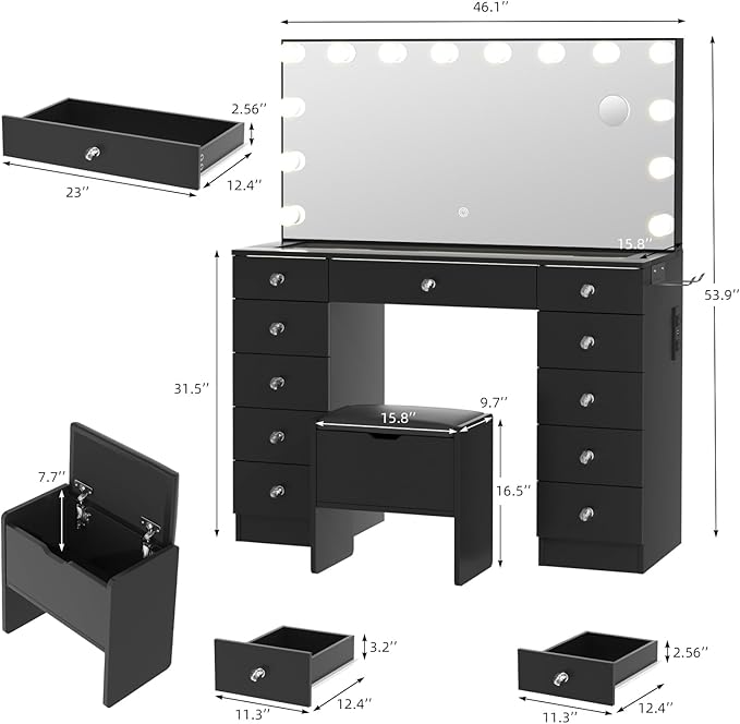 VOWNER Vanity with Lighted Mirror - Glass Top Makeup Vanity Desk with Lights and 11 Drawers, 3 Color Lighting Modes Adjustable Brightness, 46" Makeup Desk with Soft Cushioned Stool for Bedroom, Black