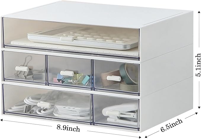 Desk Organizer with 6 Drawers, Makeup Organizer, Plastic Cosmetic Organizer, Bathroom Organization Boxes, Desktop Storage Box(White)