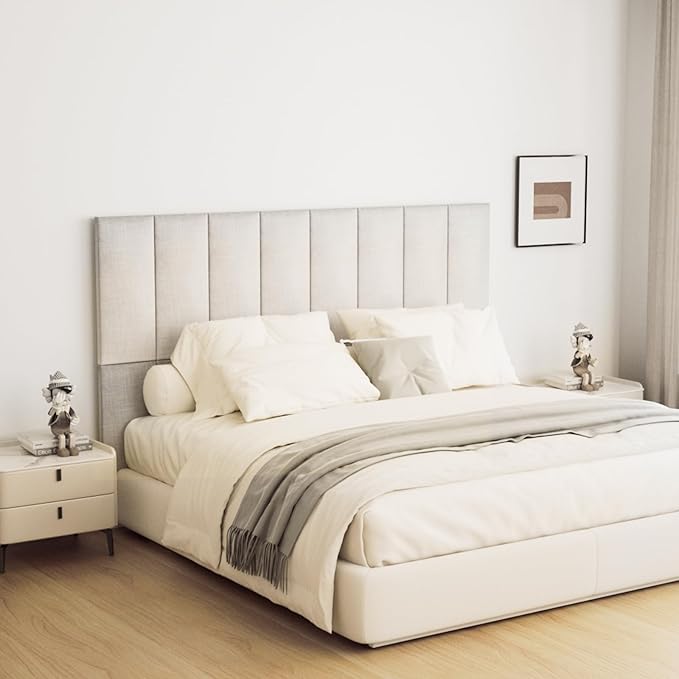 Upholstered Wall Mounted Headboard, 3D Soundproof Wall Panels Peel and Stick Headboard for Queen Size, Headboard for Adjustable Bed, Tufted Headboard, Ivory White(9 Panels, 10" x 24")