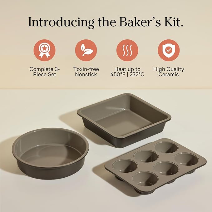 Our Place Wonder Oven Baker’s Kit – 3-Piece Toxin-Free Ceramic Nonstick Bakeware Set (8” Round, 8” Square, 6-Cup Muffin Pan) - Oven-Safe up to 450°F - Char