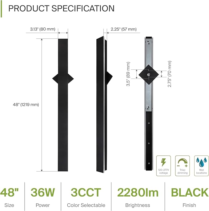 ASD LED 48" Long Wall Mount Light Fixture, Outdoor & Indoor Linear Sconce | 3CCT, Dimmable, Waterproof, Anti-Rust, ETL Listed | 36W 2200LM 3000-5000K 100-277V | Exterior Porch Lighting | Black