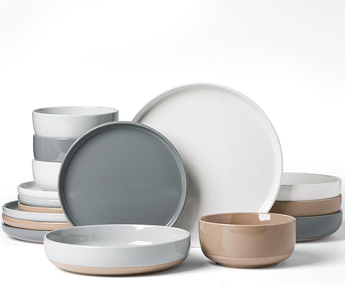 Famiware Milkyway Stoneware Dinnerware Sets with Pasta Bowls, Service for 4 (16 Pieces), Plates and Bowls Sets -Scratch Resistant, Microwave and Dishwasher Safe Dishes Set, Multi-color