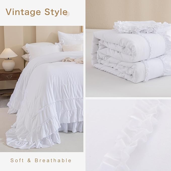 QSH White Oversized California King Ruffle Bed Comforter Set 128x120, Farmhouse Shabby Vintage Ruffled Comforter French Country Rustic Bedding Comforter Microfiber Fluffy Soft Bedding 3 PCs