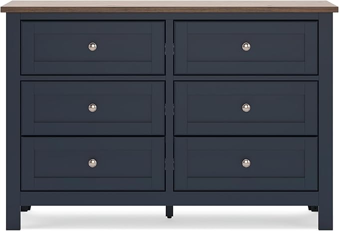 Signature Design by Ashley Landocken Shaker 6-Drawer Dresser with Metal Knobs, Light Brown & Blue