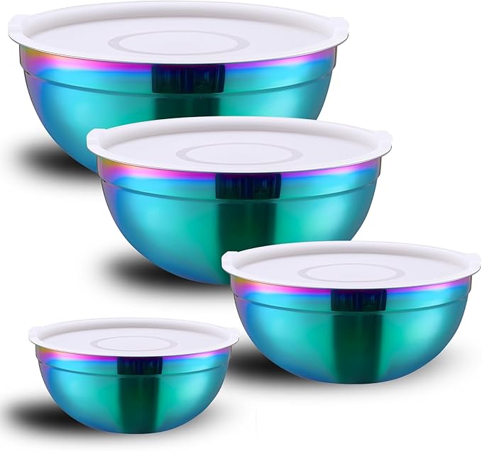 4-Piece Rainbow Stainless Steel Mixing & Serving Bowl Set With Airtight Lid, Unbreakable Deep Soup Bowl