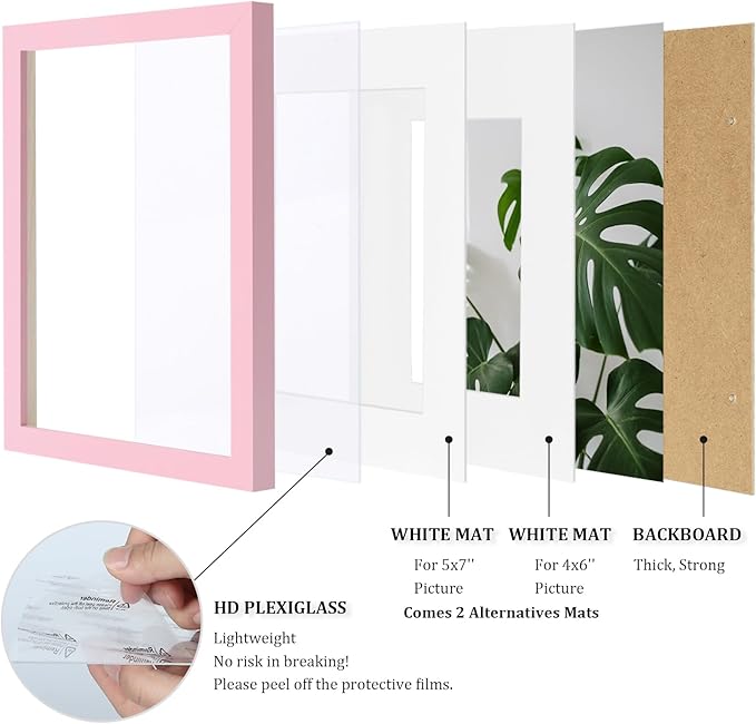 Egofine 8x10 Picture Frame Made of Solid Wood with Plexiglass, Display Pictures 4x6/5x7 with Mat or 8x10 Without Mat for Tabletop and Wall Mounting, Pink