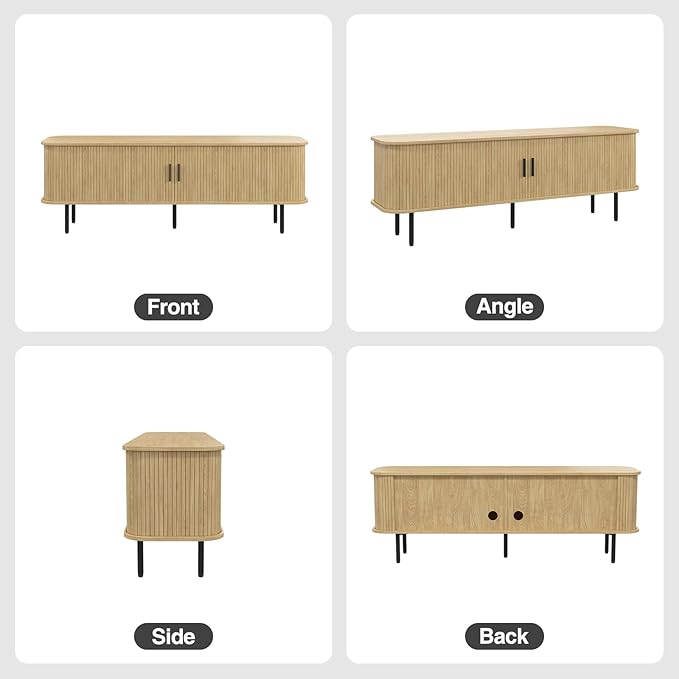 63" Natural Fluted TV Stand for TVs up to 75 Inch, Gaming Entertainment Center with Tambour Slatted Sliding Doors and Storage Cabinet, Media TV Consoles Table for Living Room, Office