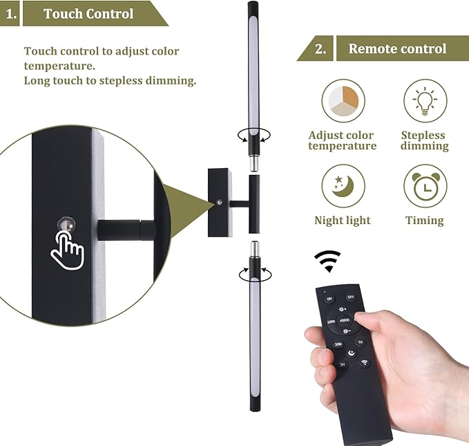 Battery Operated Wall Sconce Set of 2, 8000mAh Wireless Wall Sconces, 3000K-6000K Dimmable, 350°Rotate, Indoor Wall Lights with Remote for Bedroom Living Room Bathroom, Black, 23.6 Inch