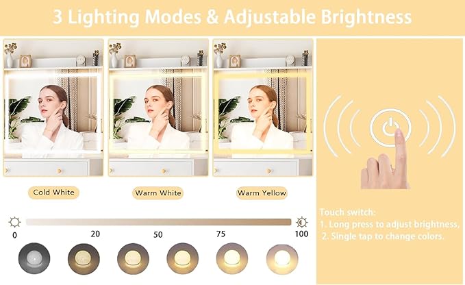 63" Makeup Vanity Desk with Mirror and Lights, Glass Top Makeup Vanity with Power Outlet, 3 Lighting Colors, 7 Drawers, 2 Cabinets for Bedroom, White