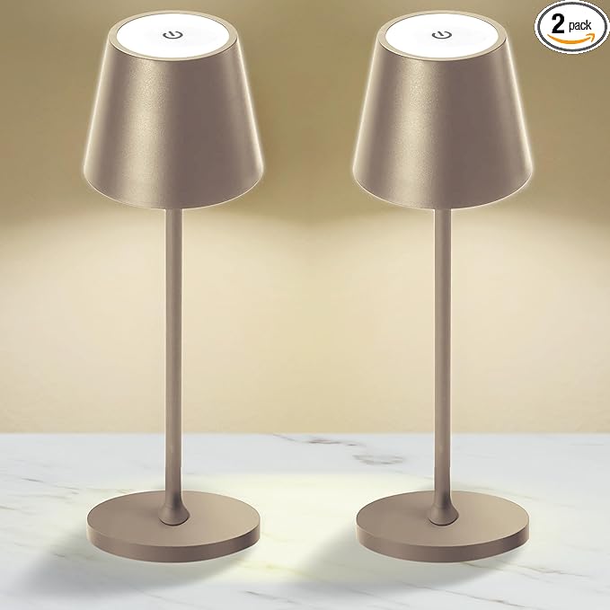 2 Pack Cordless Table Lamp,Portable LED Desk Lamp, 5200mAh Battery Operated, 3 Color Stepless Dimming Up, for Restaurant, Bedroom, Bars, Outdoor Party, Camping, Coffee Shop Night Light Brass