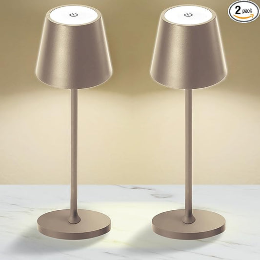 2 Pack Cordless Table Lamp,Portable LED Desk Lamp, 5200mAh Battery Operated, 3 Color Stepless Dimming Up, for Restaurant, Bedroom, Bars, Outdoor Party, Camping, Coffee Shop Night Light Brass