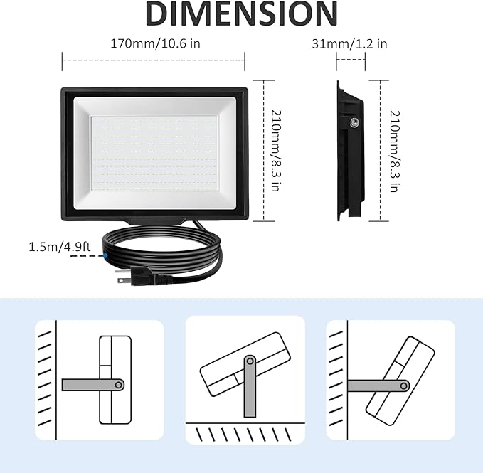 300W Flood Lights Outdoor,27000LM Bright Work Light Plug in,6500K Daylight White LED Flood Light Outdoor, IP66 Waterproof Exterior Floodlight for Yard Garage Stadium 2 Pack