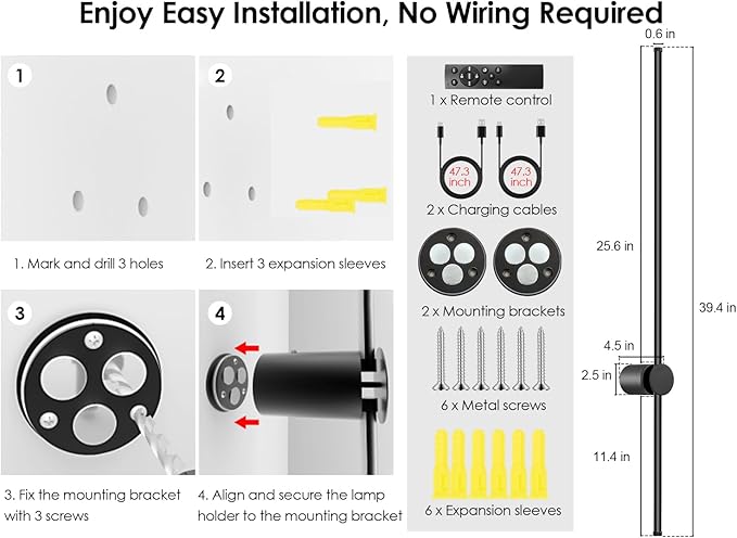 39.4 Inch Battery Operated Wall Sconces Set of Two, 12000mAh Rechargeable Wall Sconce with Remote Control, Dimmable LED Wireless Wall Lights for Bedroom, Living Room, 15 Colors, 180° Rotate, Black