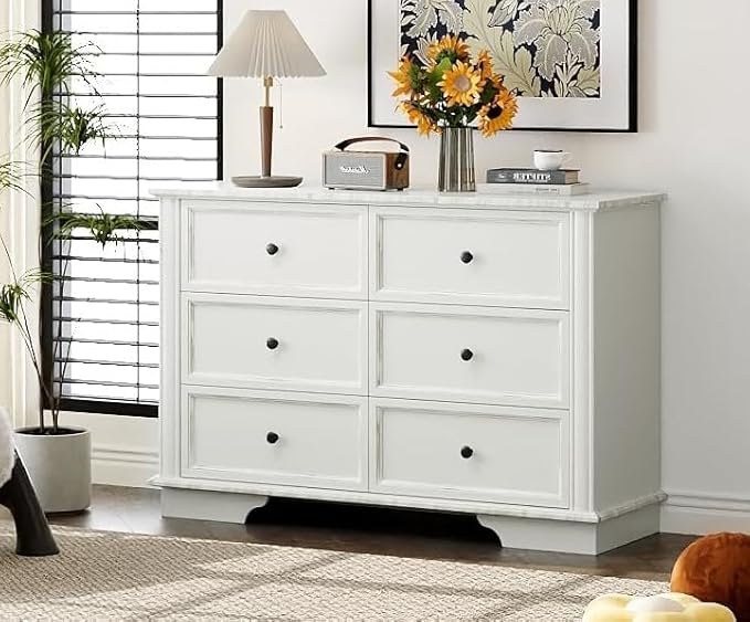 VINGLI White Dresser 6 Drawer, 47" Long Dresser for Bedroom, Chest of Drawers, French Vintage White Dressers Wood for Living Room, Hallway, 47.24" W*15.75D*31.5" H