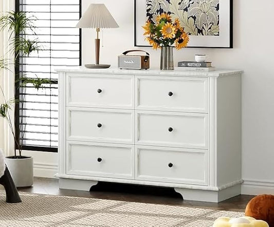 VINGLI White Dresser 6 Drawer, 47" Long Dresser for Bedroom, Chest of Drawers, French Vintage White Dressers Wood for Living Room, Hallway, 47.24" W*15.75D*31.5" H