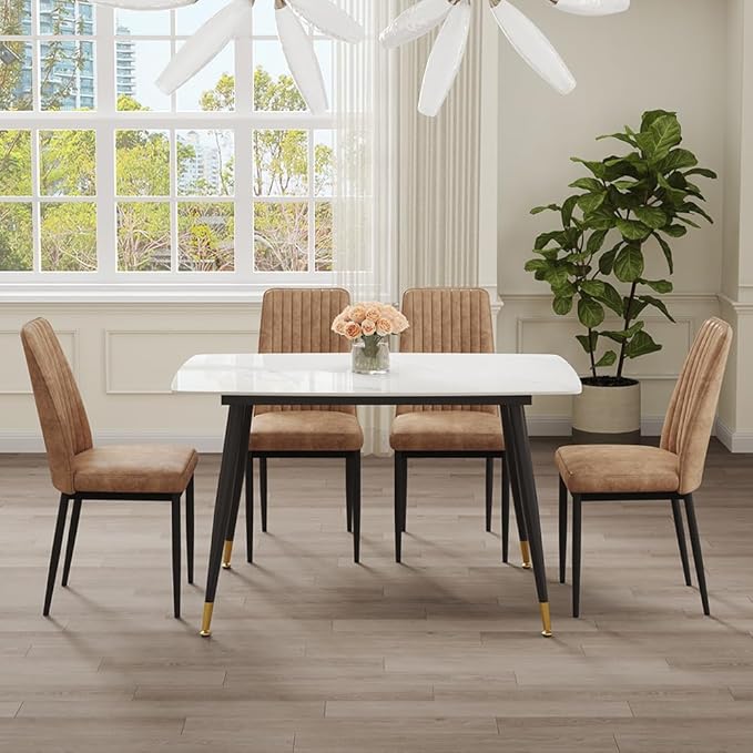 50" White Modern Sintered Stone Dining Table Set for 4 Faux Marble Dining Table with 4 Upholstered Leatheraire Fabric Chair Dining Room Table Set(1White Table+4Brown Chairs)
