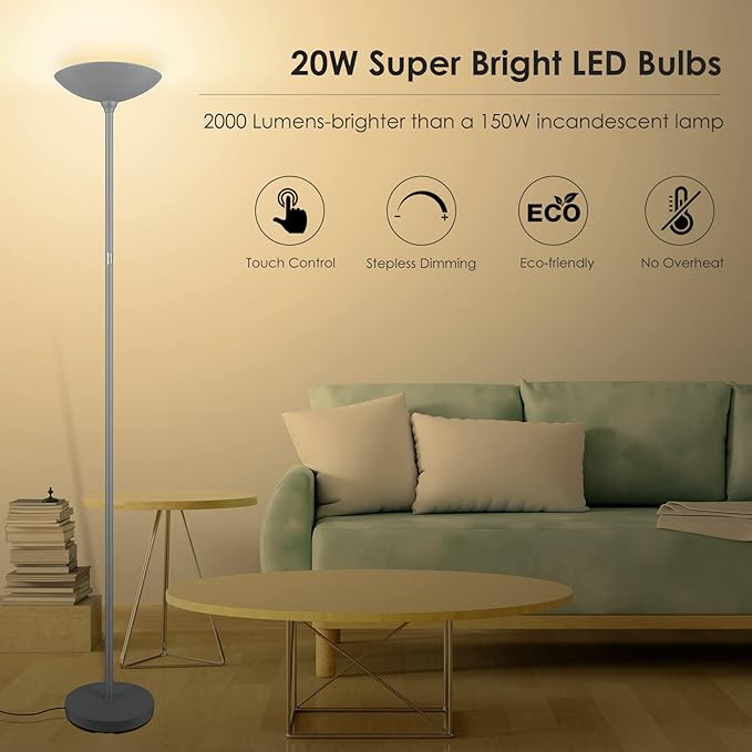 Floor Lamp, Standing Lamp, 20W 2000LM LED Torchiere Floor Lamp, Stepless Dimmable, Touch Control, 3000K Daylight, 50000hrs Lifespan, Floor Lamps for Living Room, Standing Lamps for Bedroom Gray