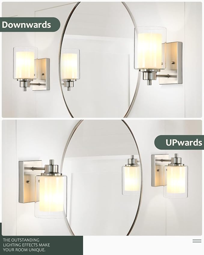 3 Pack Bath Vanity Light Fixtures 1-Light, Indoor Brushed Nickel Wall Light with Dual Glass Shade, Farmhouse Bathroom Wall Scone