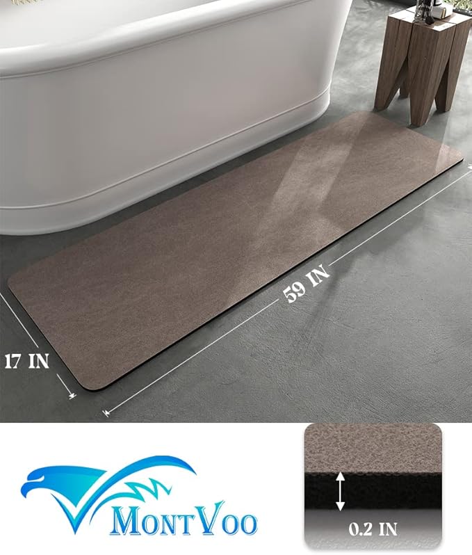 MontVoo -Bath Mat Rug-Rubber Backing Non Slip Quick Dry Absorbent Thin Bathroom Rugs Fit Under Door-Faux Suede Surface Bathroom Floor Mats-Shower Rug for in Front of Bathtub Shower Brown 17"x59"