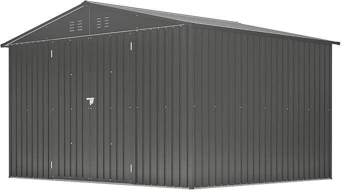 10 x 8 FT Outdoor Storage Shed with Floor, Metal Garden Tool Shed with Vents, Slooping Roof and Lockable Doors, All-Weather Bike Shed Easy to Assemble for Backyard, Patio, Lawn, Black